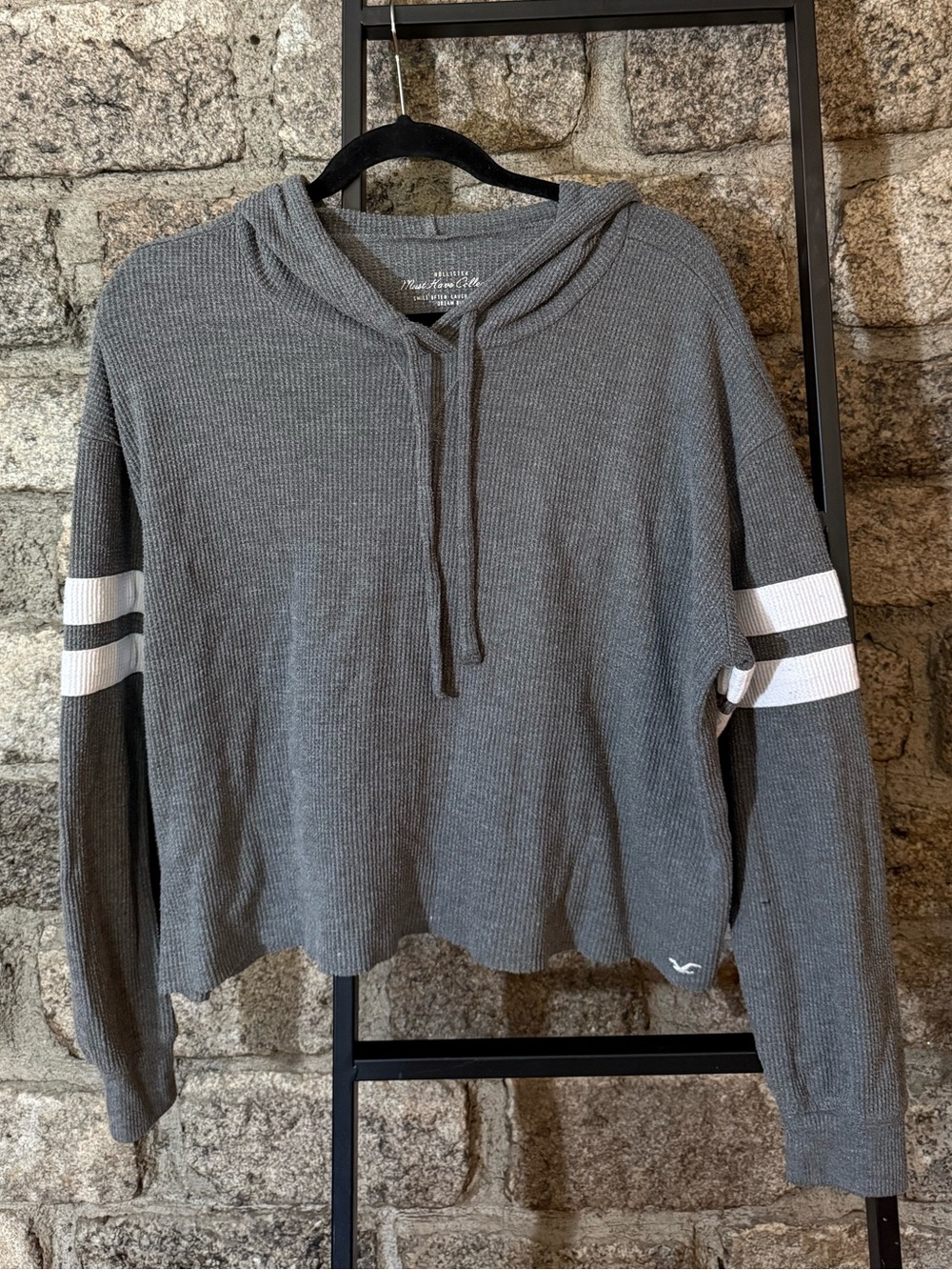 Hollister Must-Have Collection Cropped Gray Long Sleeve Top with Hood